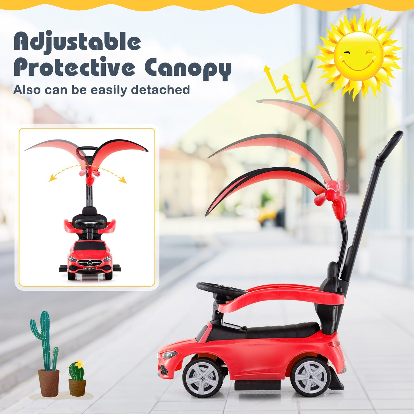 3-in-1 Ride on Push Car Mercedes-Benz Licensed Sliding Car with Canopy-Red