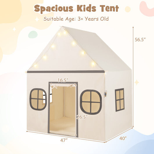 Kids Play Tent Large Playhouse with Door Curtain and Windows Star Lights-Coffee