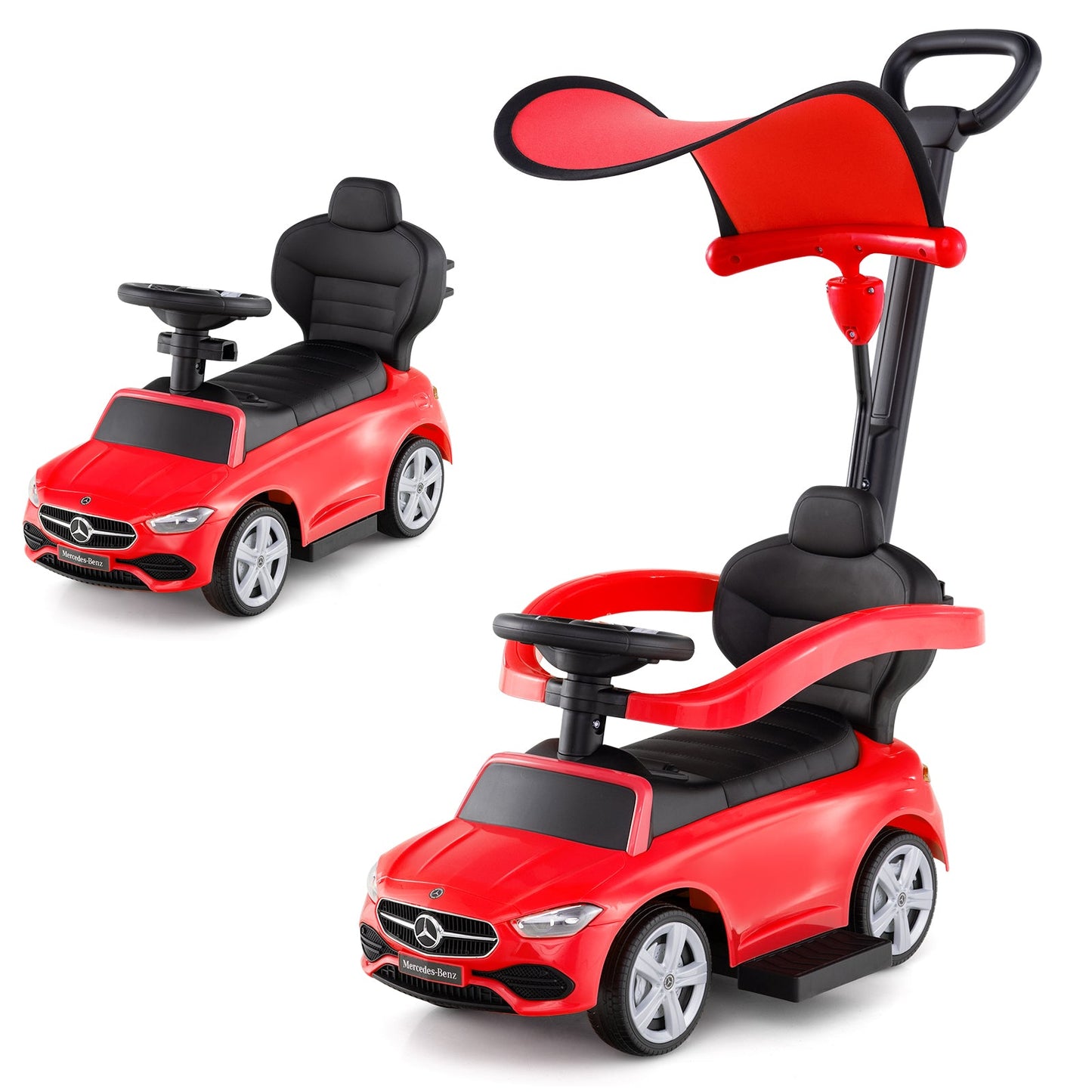 3-in-1 Ride on Push Car Mercedes-Benz Licensed Sliding Car with Canopy-Red