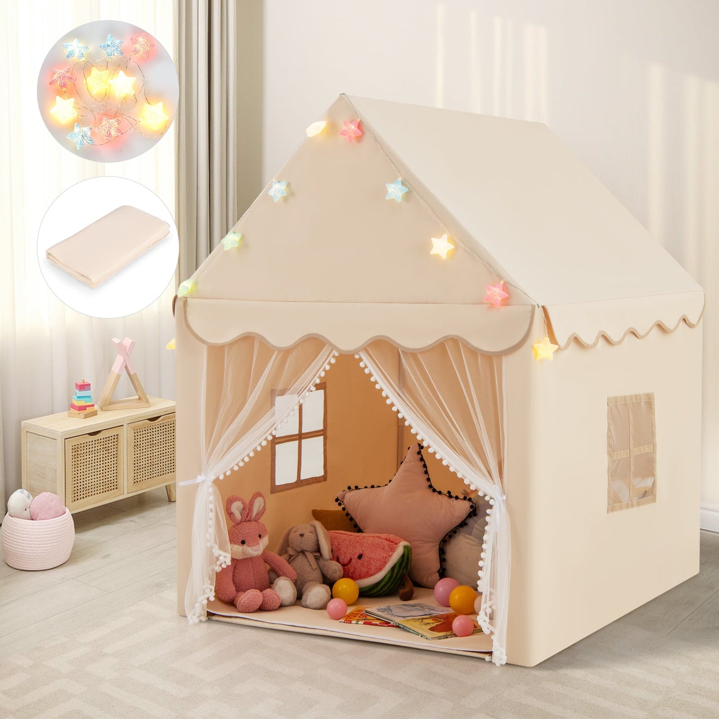 Kids Playhouse Tent with Star Lights and Mat-Beige
