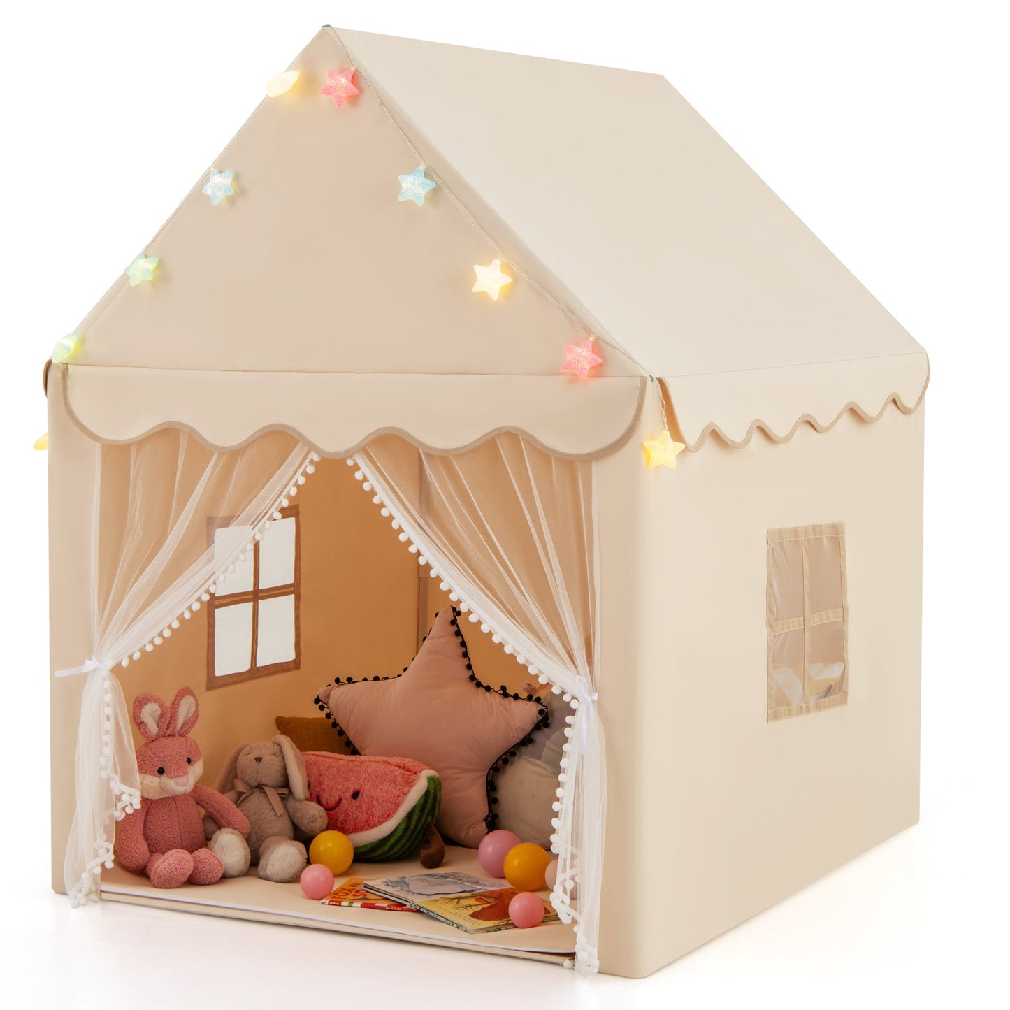 Kids Playhouse Tent with Star Lights and Mat-Beige