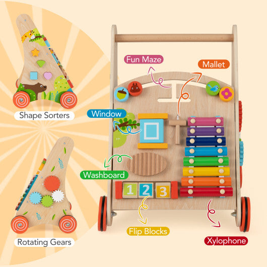 Wooden Push and Pull Baby Walker with Handle and Storage-Natural