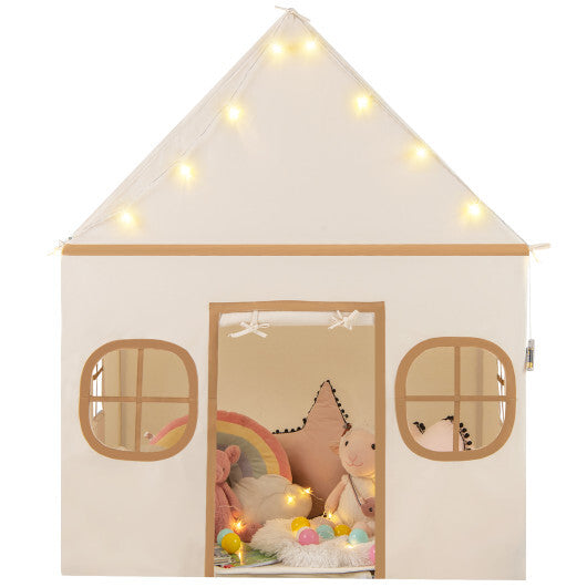 Kids Play Tent Large Playhouse with Door Curtain and Windows Star Lights-Coffee