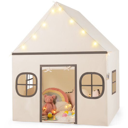 Kids Play Tent Large Playhouse with Door Curtain and Windows Star Lights-Coffee